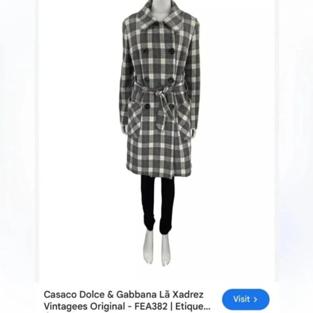 Dolce & Gabbana Vintage Wool Grey Check Plaid Belted Coat 8 - Picture 7 of 16